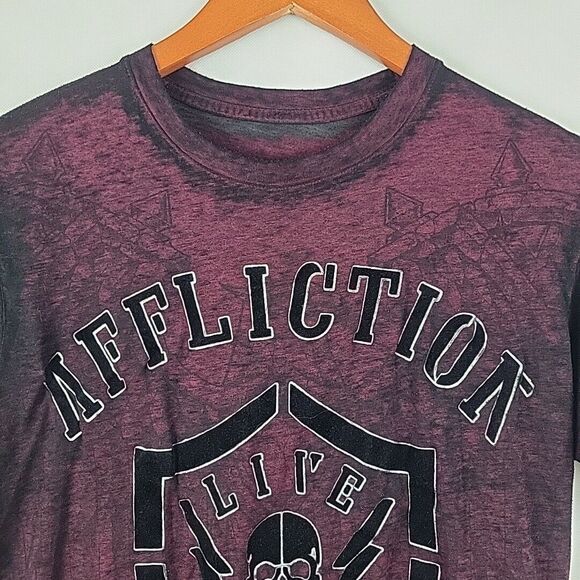 Affliction TShirt Mens Small Red Black All Over Print Burnout Crew Tee Live Fast - Picture 2 of 8